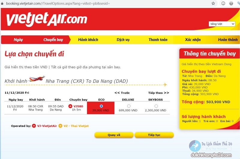 Giá vé máy bay Nha Trang Đà Nẵng hãng vietjet