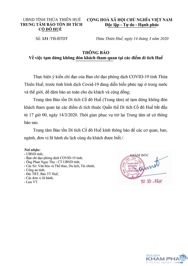 Công văn Đại Nội Kinh Thành Huế tạm đóng cửa