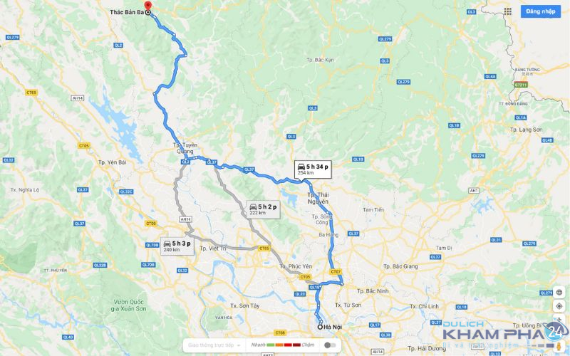 Bản đồ di chuyển từ Hà Nội đến Thác Bản Ba - Tuyên Quang 
