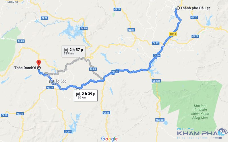 Bản đồ từ Đà Lạt đến khu du lịch thác Đambri