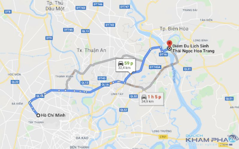 Bản đồ di chuyển từ Sài Gòn đến Ngọc Hoa Trang Đồng Nai 